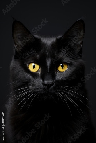 The muzzle of a black cat looking at the camera is highlighted on a black background