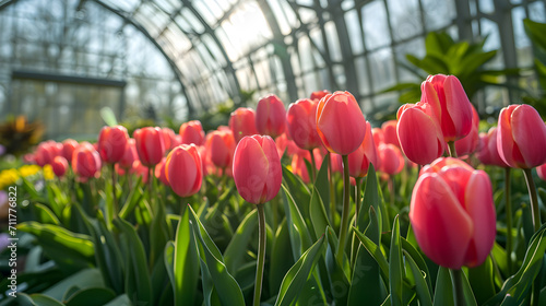 greenhouse with flowering tulips