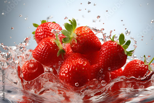 a group of strawberries splashing into water