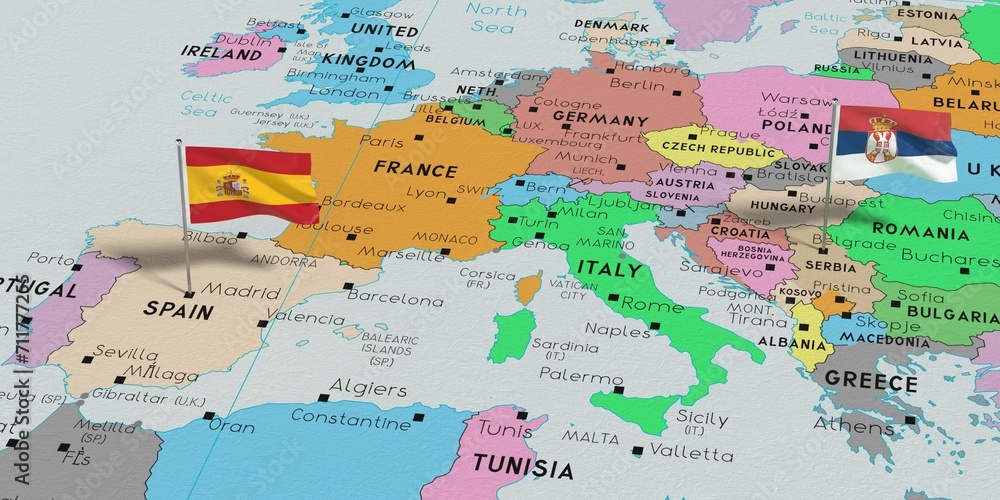 Spain and Serbia - pin flags on political map - 3D illustration