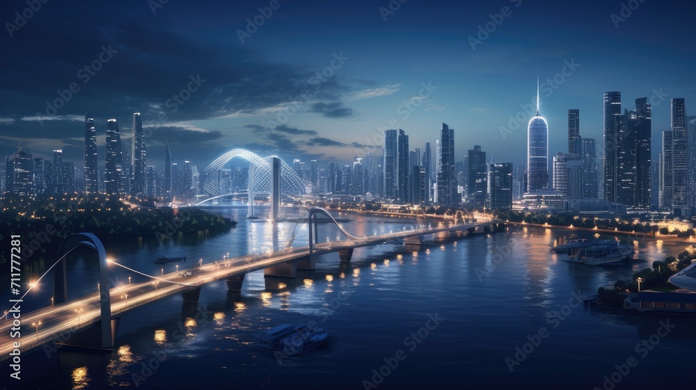 night city, lighting of smart grid components, reflecting the bright and dynamic night lights of the city.