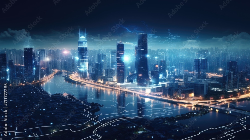night city, lighting of smart grid components, reflecting the bright and dynamic night lights of the city.