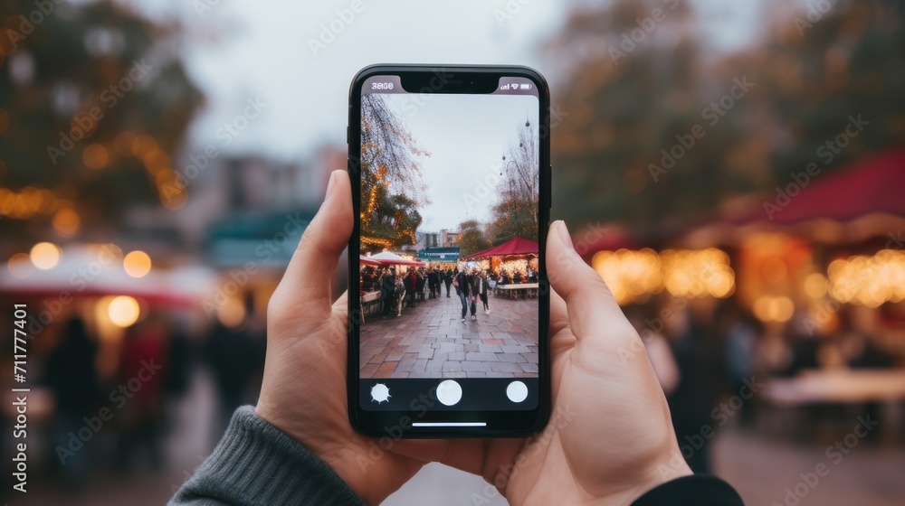Hand taking photo with smartphone outside AI generated image - obrazy, fototapety, plakaty 
