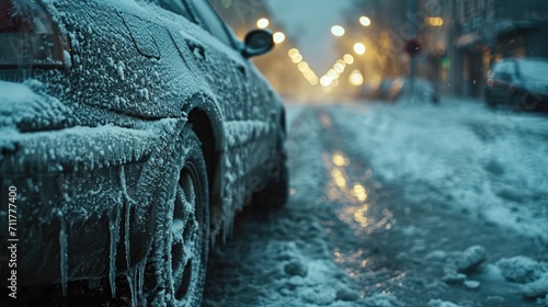 Extreme cold, Climate change, icy streets, close-up of a car covered in ice parked on a snowy street.