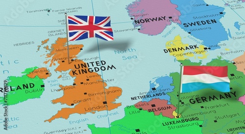 United Kingdom and Luxembourg - pin flags on political map - 3D illustration