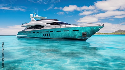 yacht during golden hours (dawn or sunset) to achieve warm and soft lighting, sunlight to highlight the features of the yacht, highlighting the wooden deck and turquoise waters.