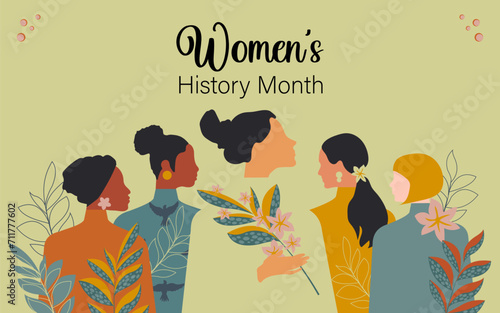 Women's History Month. Women of different ages, nationalities and religions come together. Vector.