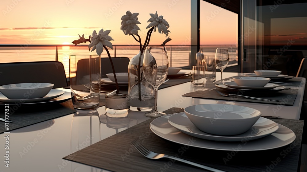 a romantic dinner on a yacht at sea, exquisite tableware, serving, decor and the contrast between the modern design of the yacht and the natural beauty of the sunset.