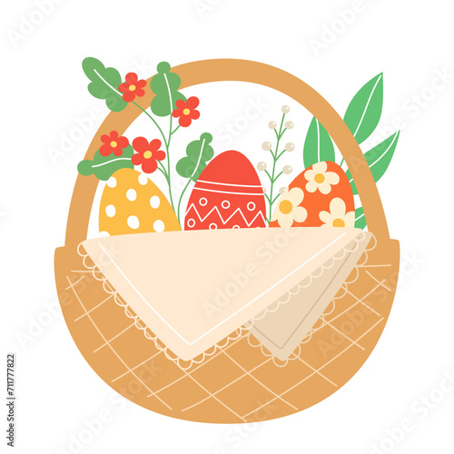 Easter illustration with painted eggs in a wicker basket for the holiday in a cartoon style