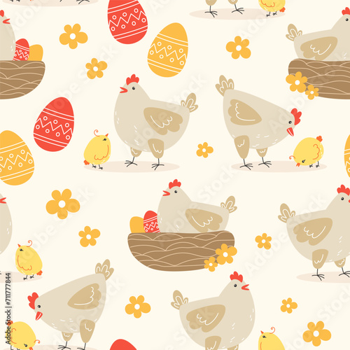 Seamless pattern of flowers, chicken and easter eggs in cartoon style
