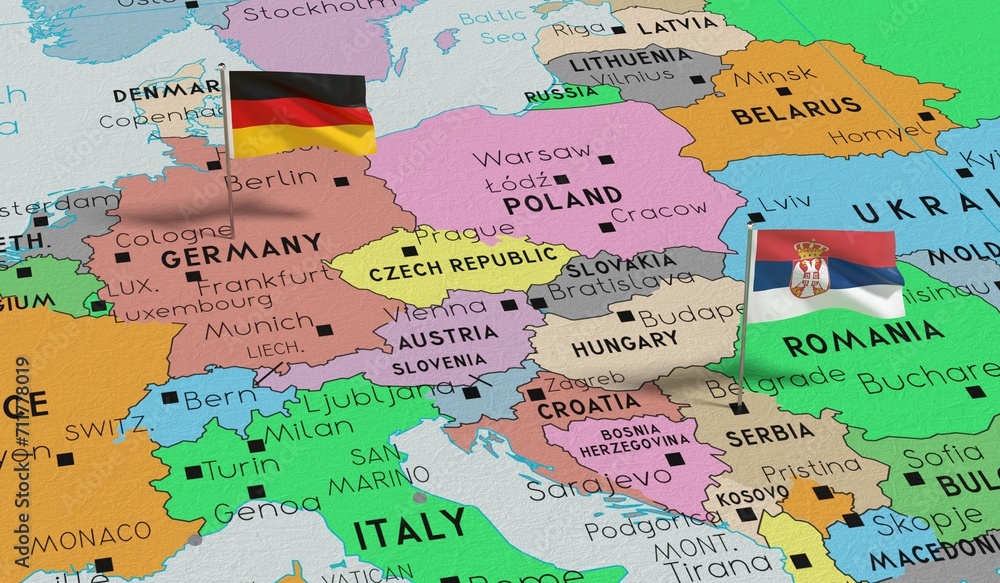 Germany and Serbia - pin flags on political map - 3D illustration