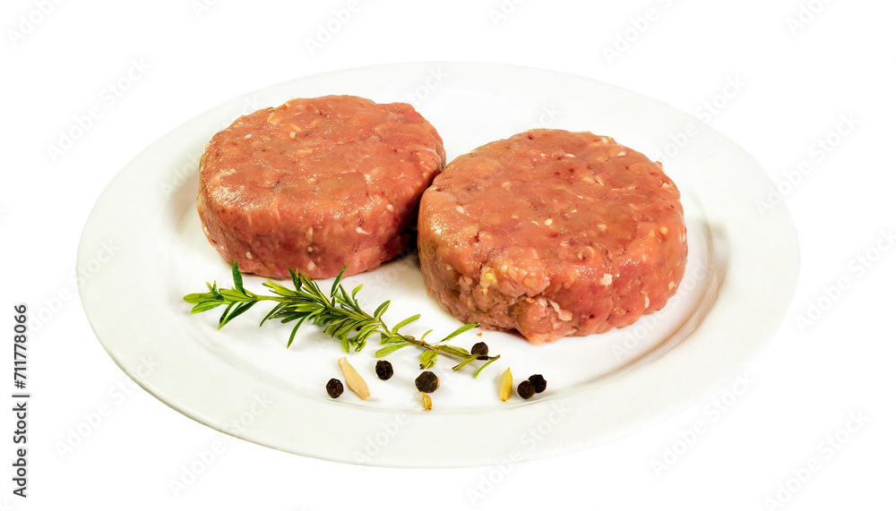 Raw minced beef meat for burgers on a white plate isolated on a transparent background. Raw minced beef meat for burgers on a white plate isolated on a transparent background.