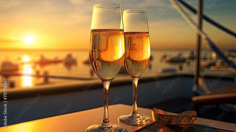 glasses of champagne or a drink close-up on a luxury yacht on the eve of a romantic dinner, the decor of the yacht and the tropical sunset add romance.