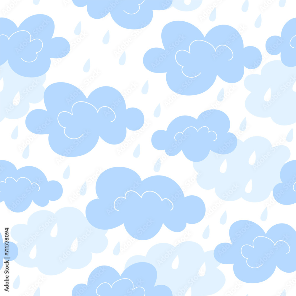 Seamless pattern with clouds and raindrops in cartoon style