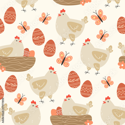 Seamless pattern of flowers, chicken and easter eggs in cartoon style
