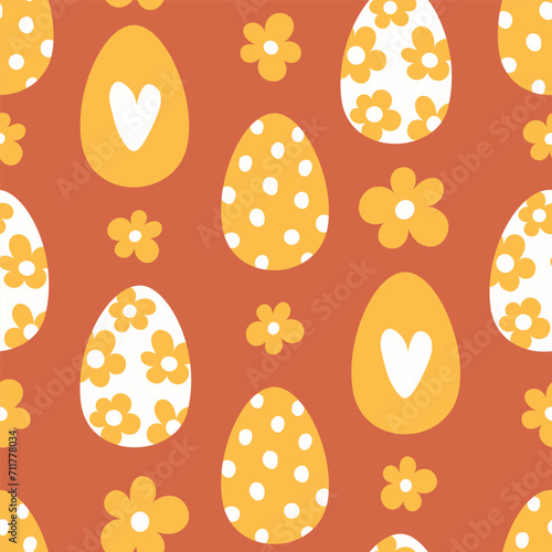 Seamless pattern of flowers and easter eggs in cartoon style