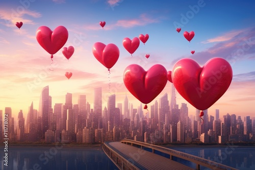 A mesmerizing sight of a multitude of vibrant balloons gracefully soaring above a bustling urban landscape, Giant heart balloons filling up a city skyline on Valentine's day, AI Generated