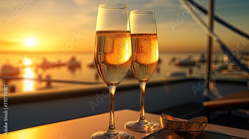 glasses of champagne or a drink close-up on a luxury yacht on the eve of a romantic dinner  the decor of the yacht and the tropical sunset add romance.