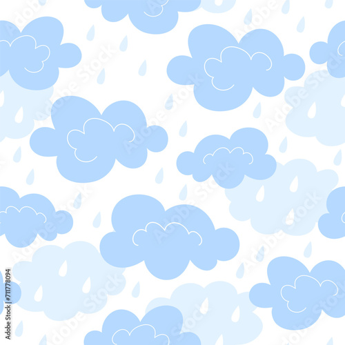Seamless pattern with clouds and raindrops in cartoon style