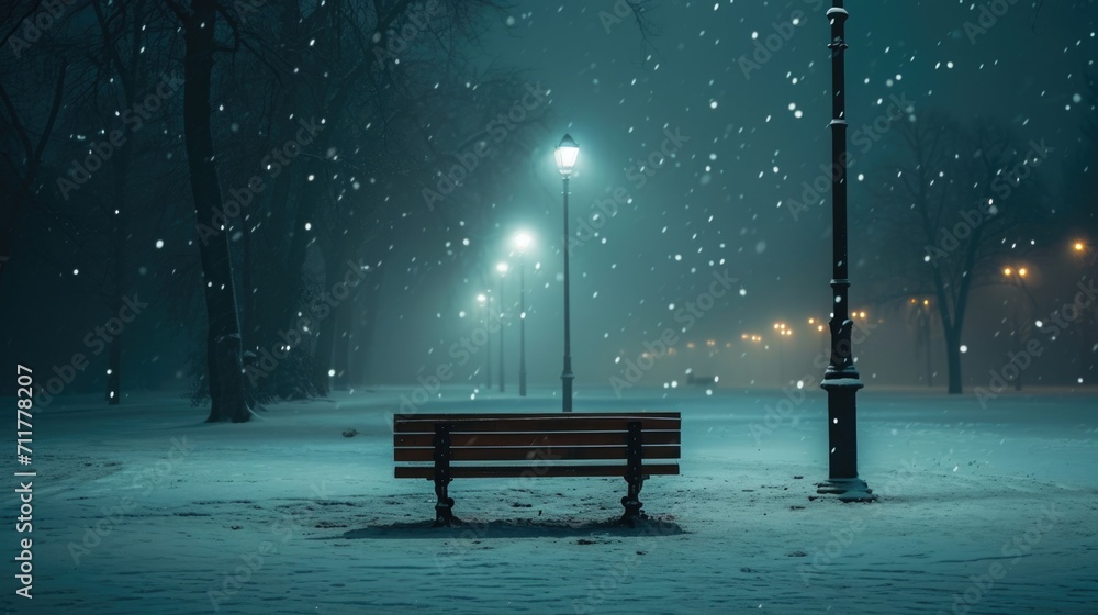 Icy Isolation, Long Shot of an Abandoned Park Bench and Street Lamps Glowing Dimly in a Snowstorm, Emphasizing the Desolation and Cold of the Urban Environment in Winter