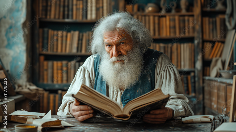 Portrait of an old bearded man reading ancient books. Portrait of an old bearded man reading ancient books.