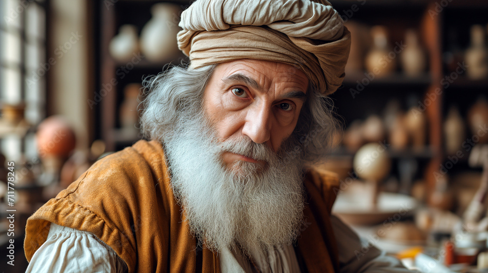 Portrait of Italian ancient scientist, engineer, inventor and artist Leonardo Da Vinci. (Ai generated)