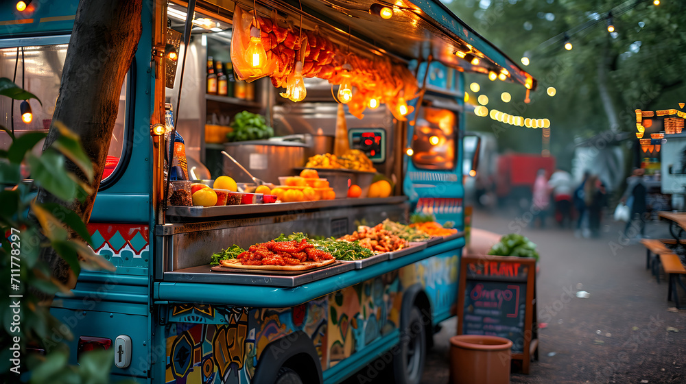 A food truck amidst the bustling city festival, offering a diverse menu of street food for the urban crowd to enjoy.
