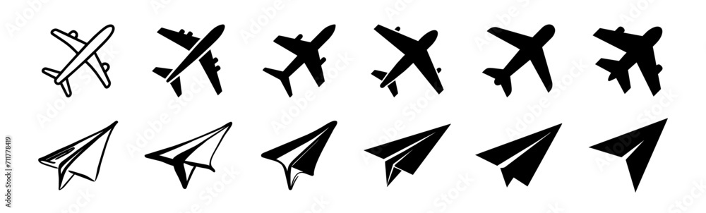 Airplane icon vector. Plane symbol or logo. Flight transport symbol. Travel illustration - obrazy, fototapety, plakaty 