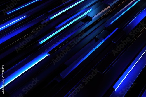 The image showcases a dark room filled with an enigmatic ambiance created by the blue lights illuminating the walls, Glowing electric blue lines against a black backdrop, AI Generated