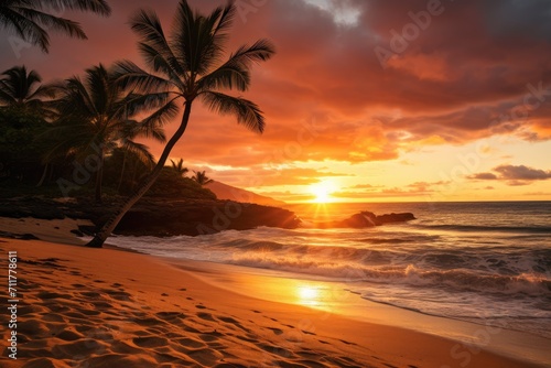 A breathtaking sunset on a pristine tropical beach, highlighted by the presence of graceful palm trees, Golden hues of sunset on a Hawaiian beach, AI Generated