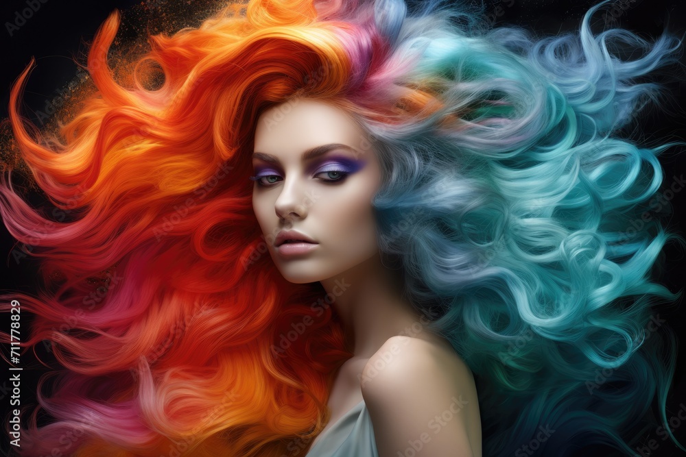 A vibrant woman with colorful hair striking a pose for a captivating photograph, Gradual transition of one bold color into another, creating a dreamy blend, AI Generated