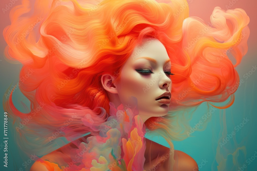 A captivating painting of a woman with radiant orange hair, Gradual transition of one bold color into another, creating a dreamy blend, AI Generated