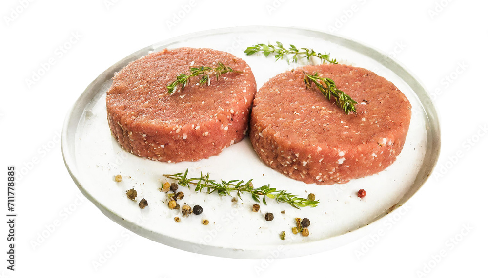 Raw minced beef meat for burgers on a white plate isolated on a transparent background.
