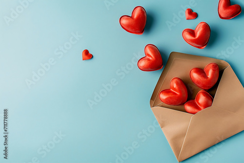 Envelope with red hearts on a blue background. Top view. Valentine's Day greeting concept.