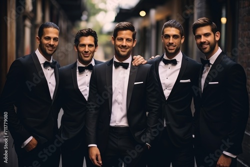A group of elegantly dressed men in formal tuxedos arranged themselves for a photograph, Groomsmen in dapper black suits and bow ties, AI Generated