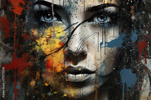 A captivating painting of a woman featuring striking blue eyes, Grungy, splattered paint effect, AI Generated
