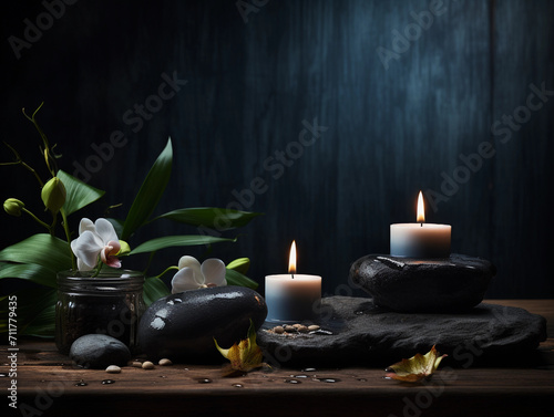 Moody picture of a zen inspired spa scene with candles on a dark background 