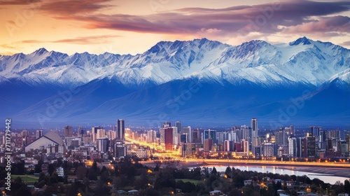 A city's skyline with a backdrop of mountains photo