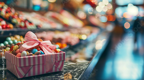 gift box against the background of luxury products of a large candy store  copy space 