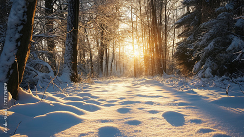 a snowfield in a clearing breaks through the snow in the rays of the sun falling from behind the trees  photo