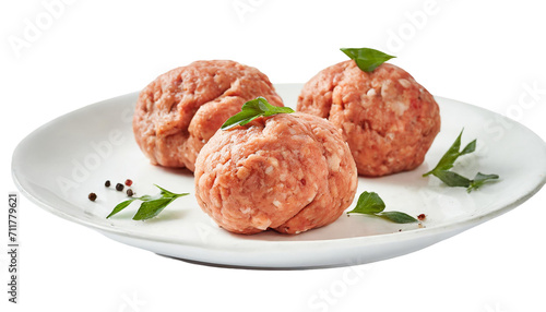 Raw meatballs on a white plate. Isolated on a transparent background.