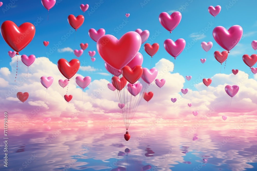 Colorful Heart-Shaped Balloons Floating in the Air for Celebration and Love, Heart shaped balloons rising up towards sky in a carnival atmosphere, AI Generated Colorful Heart-Shaped Balloons Floating in the Air for Celebration and Love, Heart shaped balloons rising up towards sky in a carnival atmosphere, AI Generated