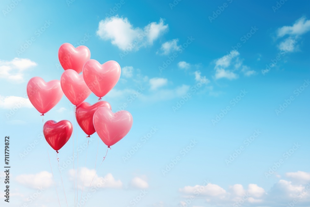 A joyful scene of heart shaped balloons floating in the air, creating a vibrant and festive atmosphere, Heart-shaped balloons flying into a clear blue sky, AI Generated A joyful scene of heart shaped balloons floating in the air, creating a vibrant and festive atmosphere, Heart-shaped balloons flying into a clear blue sky, AI Generated