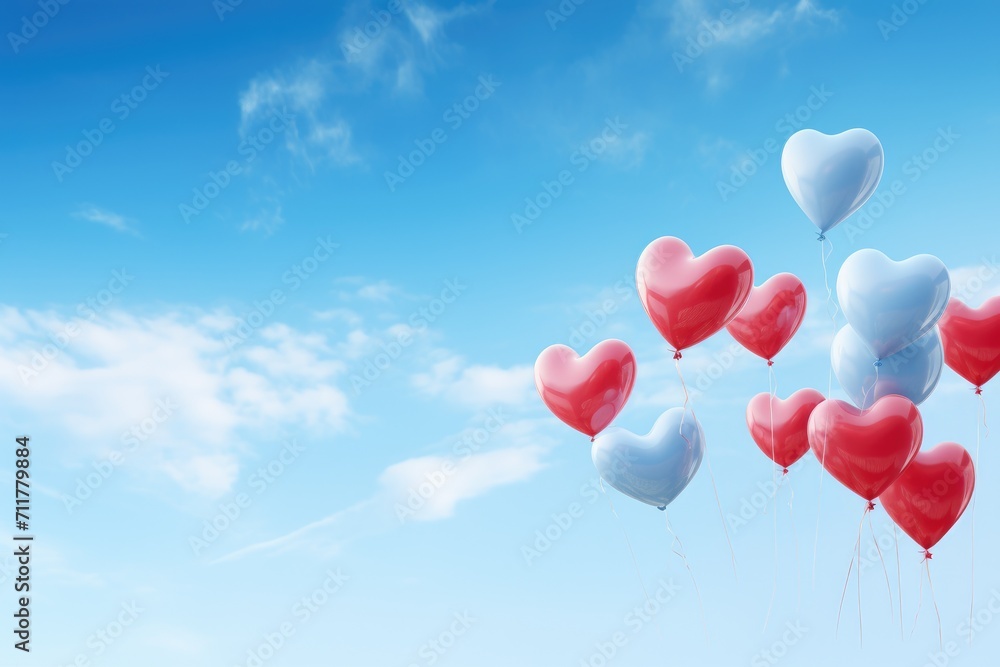 A bunch of vibrant heart-shaped balloons gently float in the air, creating a romantic ambiance for a joyous celebration, Heart-shaped balloons flying into a clear blue sky, AI Generated A bunch of vibrant heart-shaped balloons gently float in the air, creating a romantic ambiance for a joyous celebration, Heart-shaped balloons flying into a clear blue sky, AI Generated