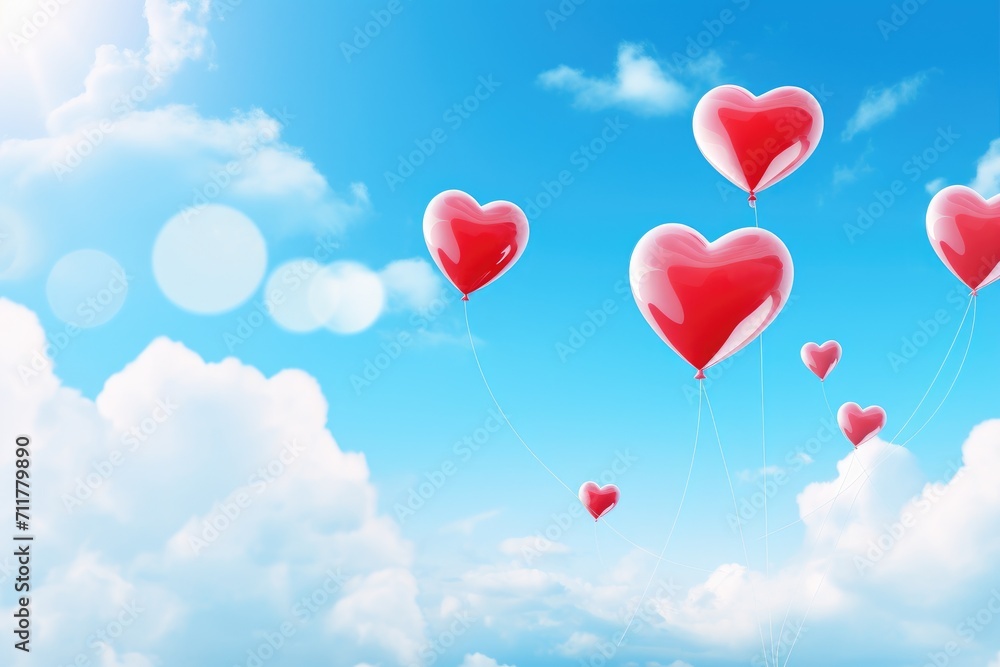 A captivating image showcasing a bunch of heart shaped balloons gracefully ascending in the sky, Heart-shaped balloons flying into a clear blue sky, AI Generated