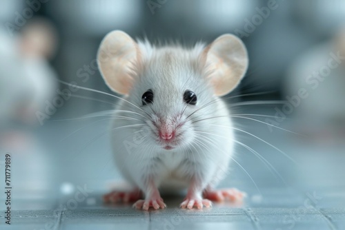 A cute white mouse with a fluffy coat, emphasizing its small size and inquisitive nature.
