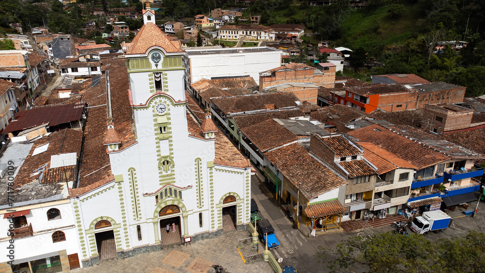 Salgar, Antioquia - Colombia. December 26, 2023. The Church of San Juan Evangelist, is a Colombian Catholic church, located in the main park.