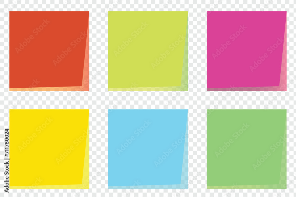  Multicolor post it notes isolated on transparent background. Colored sticky note set. Vector realistic illustration. eps file 4.