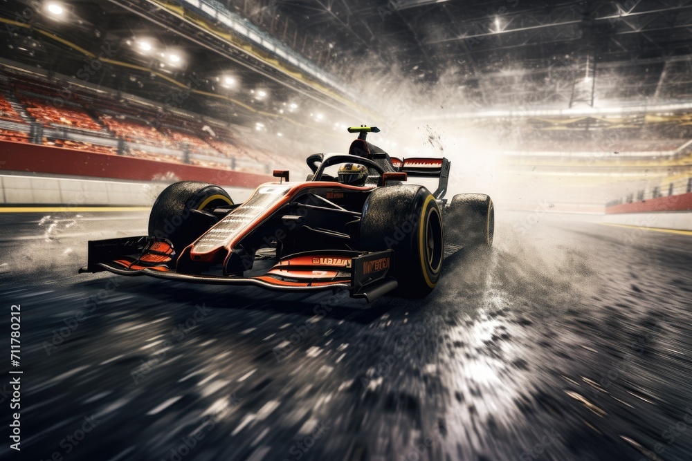 An action-packed image of a red race car driving with high speed on a ...