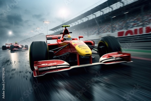 A red and yellow race car drives with speed and precision, navigating a wet race track, High-speed Formula 1 race in a professional circuit, AI Generated